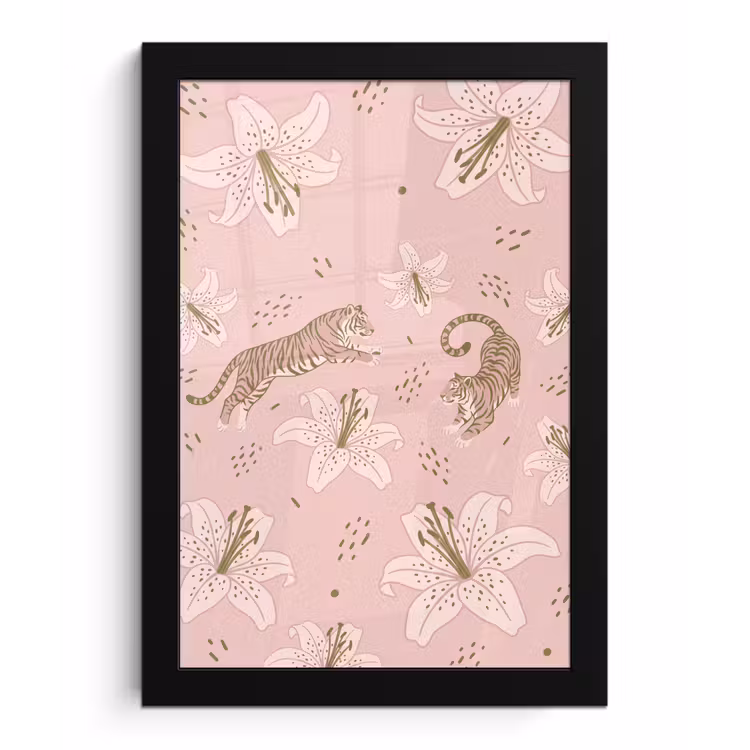 Kat - Springend - Bloemen - Abstract - Roze fotolijst zwart zonder passe partout klein -3d