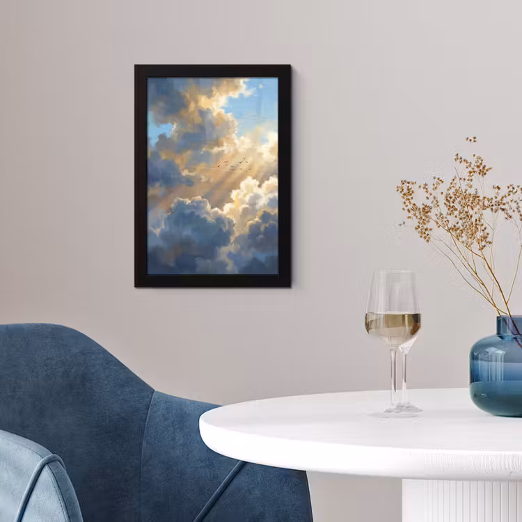 Wolken - Zonnestralen - Natuur - Abstract - Blauw fotolijst zwart zonder passe partout klein -sfeer4