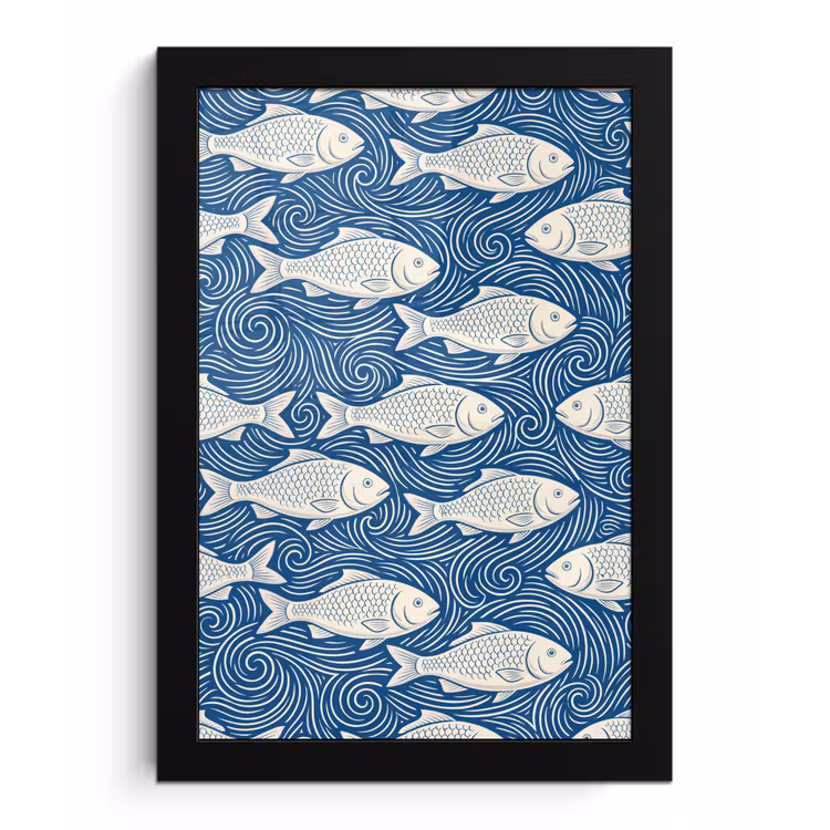 Vis - Water - Patroon - Grafisch - Blauw fotolijst zwart zonder passe partout klein -3d