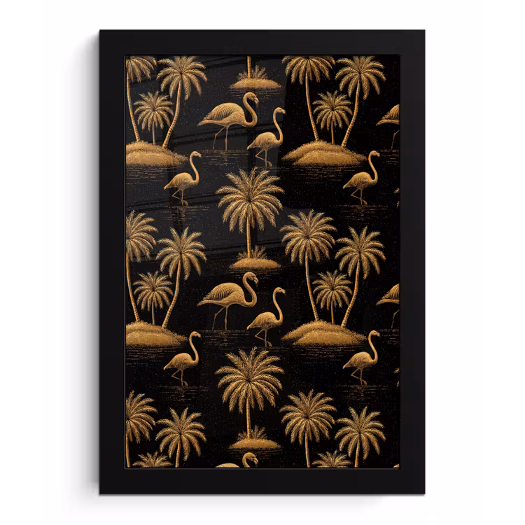 Flamingo - Palmbomen - Tropisch - Goud - Zwart fotolijst zwart zonder passe partout klein 224 -3d