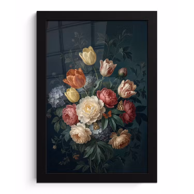 Bloemen - Boeket - Natuur - Klassiek - Donker fotolijst zwart zonder passe partout klein -3d