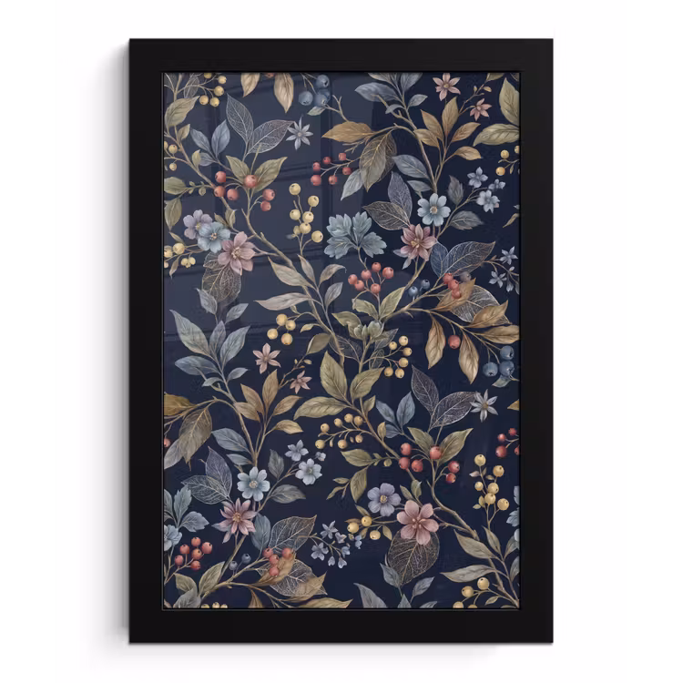 Bloemen - Bladeren - Patroon - Botanisch - Donkerblauw fotolijst zwart zonder passe partout klein -3d