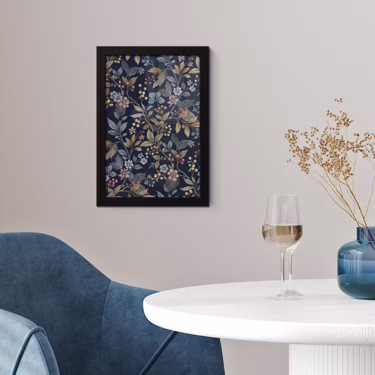 Bloemen - Bladeren - Patroon - Botanisch - Donkerblauw fotolijst zwart zonder passe partout klein -sfeer4