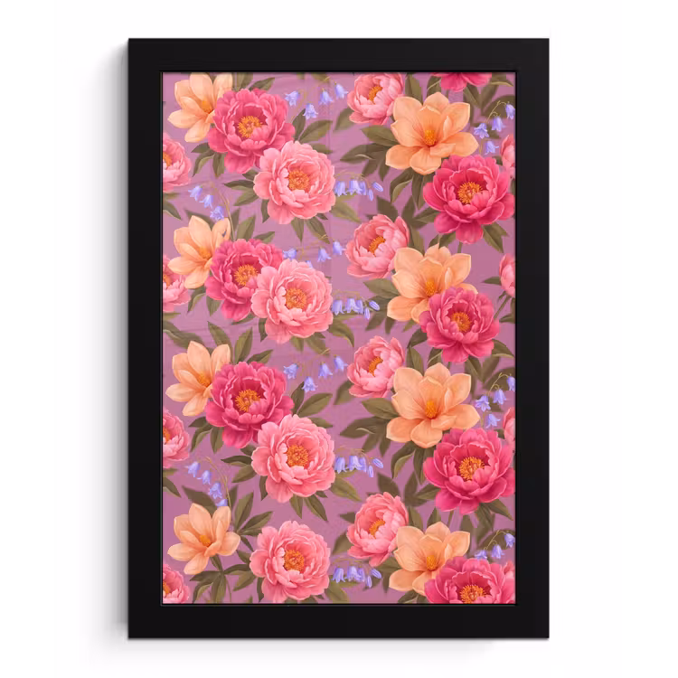 Bloemen - Patroon - Illustratie - Roze fotolijst zwart zonder passe partout klein -3d