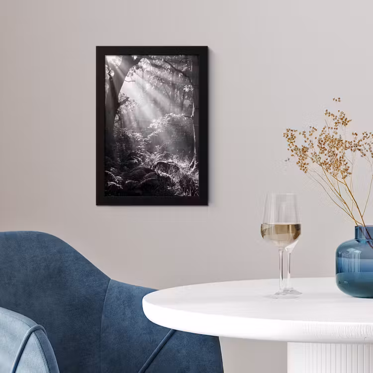 Bos - Lichtstralen - Natuur - Zwart-wit fotolijst zwart zonder passe partout klein -sfeer4