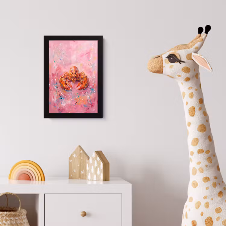 Zeeleven - Kreeft - Spatters - Abstract - Roze fotolijst zwart zonder passe partout klein -usfeer4_kinderkamer