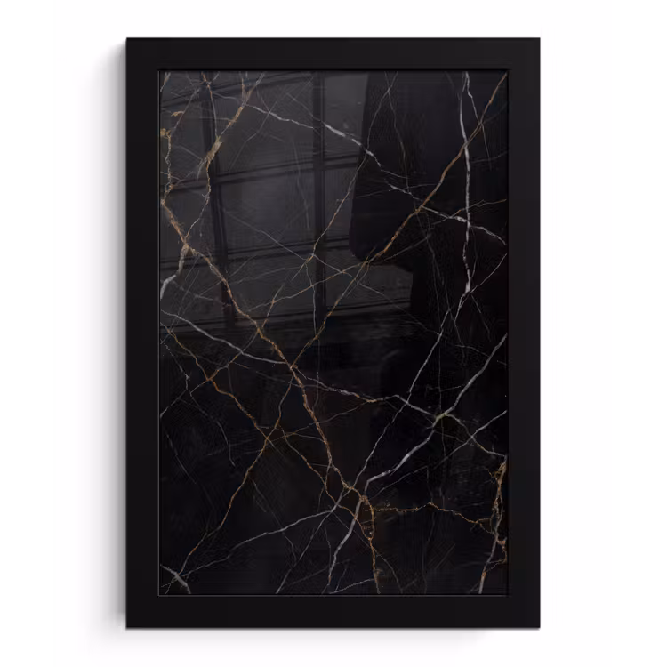 Natuursteen - Marmerpatroon - Abstract - Modern - Zwart - Goud fotolijst zwart zonder passe partout klein -3d