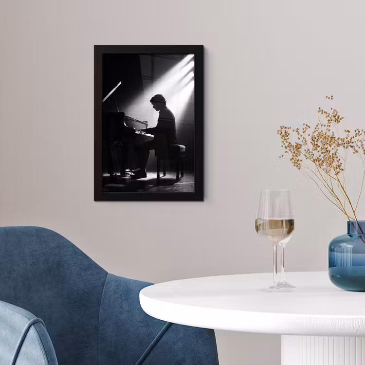 Persoon - Piano - Muziek - Zwart-wit - Podium fotolijst zwart zonder passe partout klein -sfeer4
