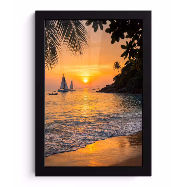 Zee - Zonsondergang - Boot - Natuur - Oranje fotolijst zwart zonder passe partout klein -3d