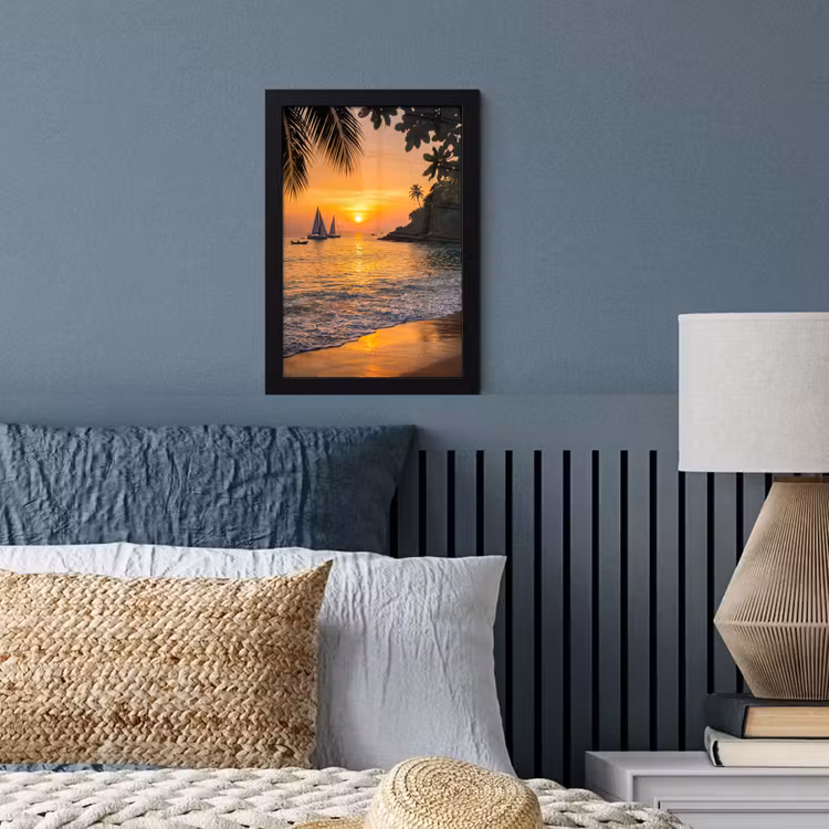 Zee - Zonsondergang - Boot - Natuur - Oranje fotolijst zwart zonder passe partout klein -sfeer3