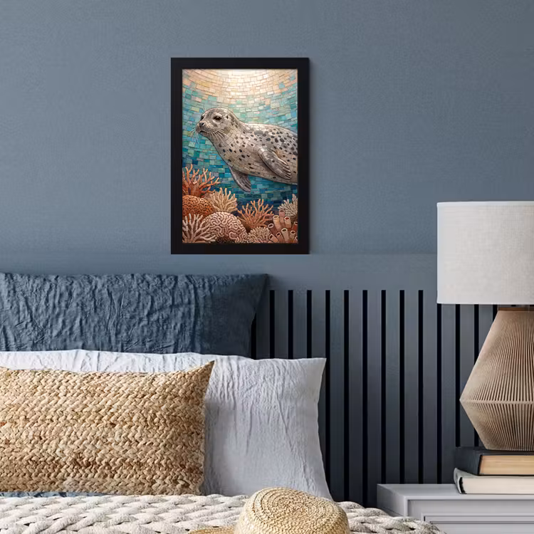 Zeehond - Mozaïek - Onderwater - Dieren - Blauw fotolijst zwart zonder passe partout klein -sfeer3