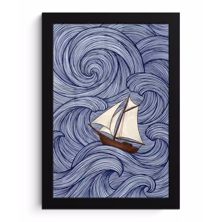 Schip - Golven - Zee - Illustratie - Blauw fotolijst zwart zonder passe partout klein -3d