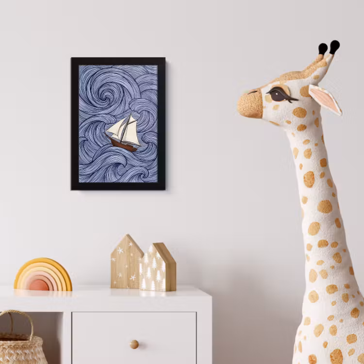 Schip - Golven - Zee - Illustratie - Blauw fotolijst zwart zonder passe partout klein -usfeer4_kinderkamer