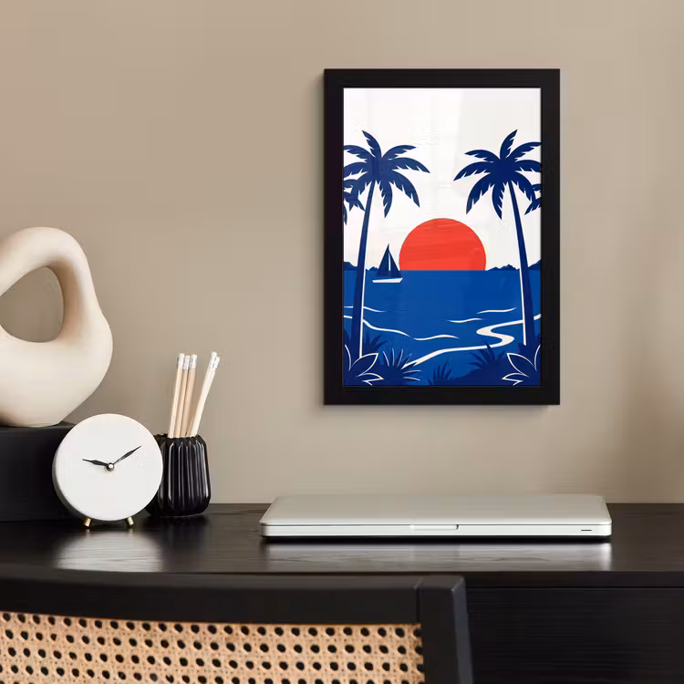 Zonsondergang - Zee - Palmboom - Tropisch - Modern fotolijst zwart zonder passe partout klein -sfeer1