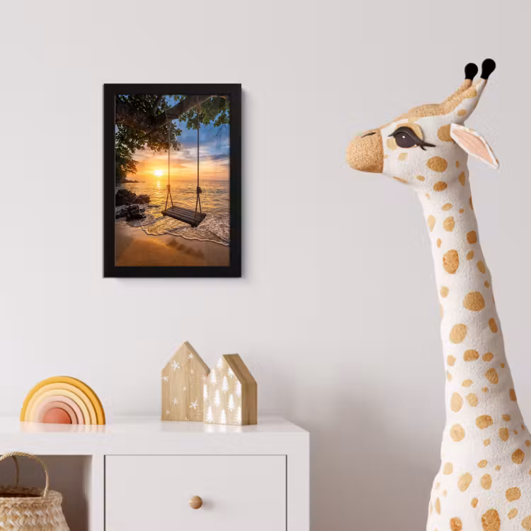 Schommel - Strand - Zonsondergang - Natuur - Oranje fotolijst zwart zonder passe partout klein -usfeer4_kinderkamer