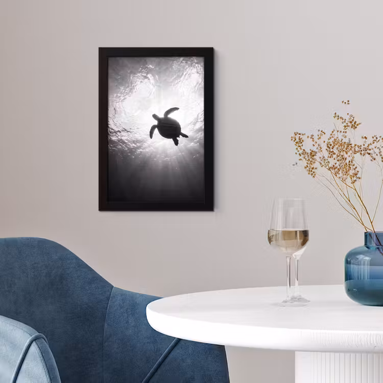 Schildpad - Onderwater - Lichtstralen - Oceaan - Zwart-wit fotolijst zwart zonder passe partout klein -sfeer4