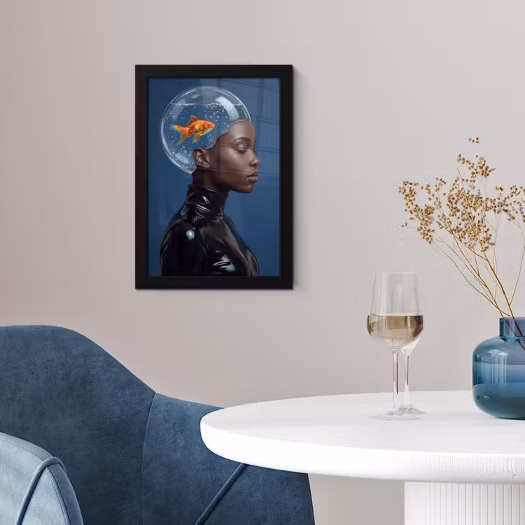 Vrouw - Goudvis - Hoofd - Abstract - Blauw fotolijst zwart zonder passe partout klein -sfeer4