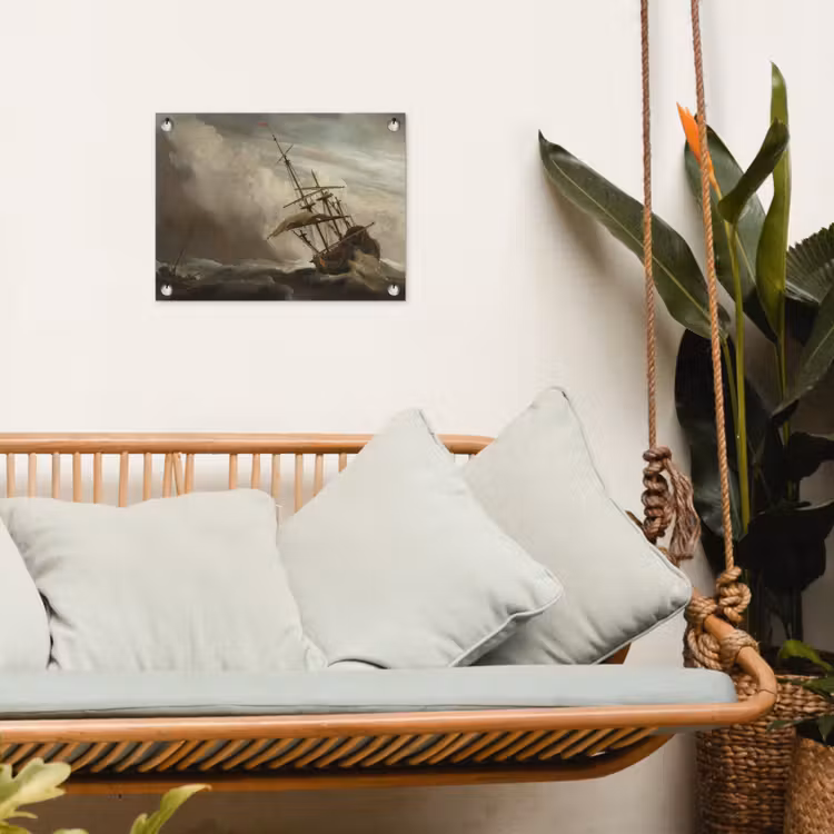 Een schip in volle zee bij vliegende storm - Schilderij van Willem van de Velde tuinposter los doek klein -sfeer7