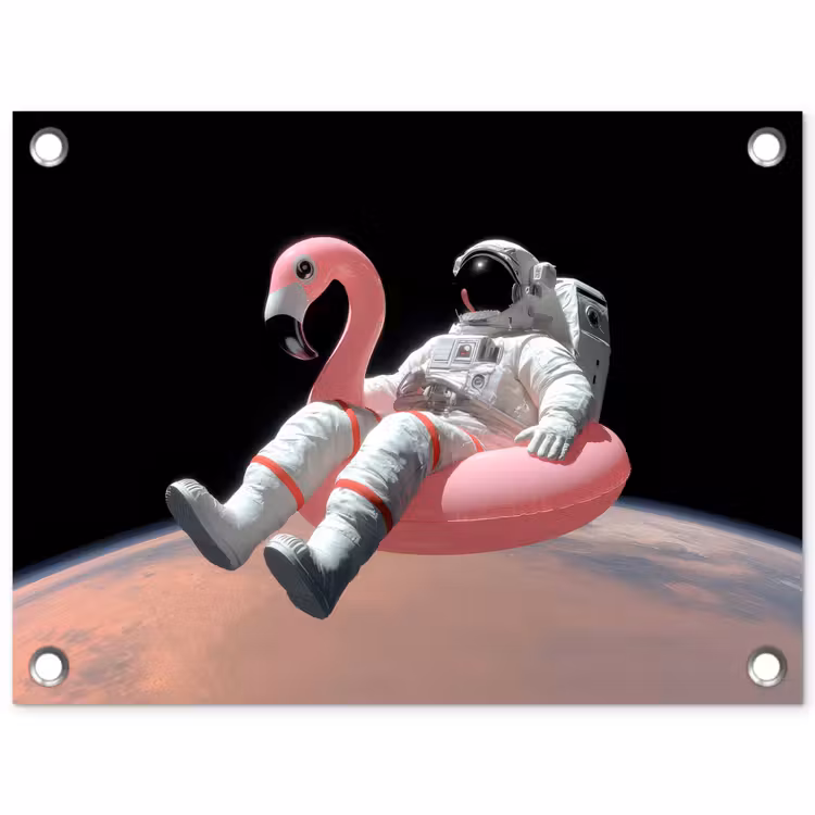 Astronaut - Flamingo - Zwemband - Roze tuinposter los doek klein -3d