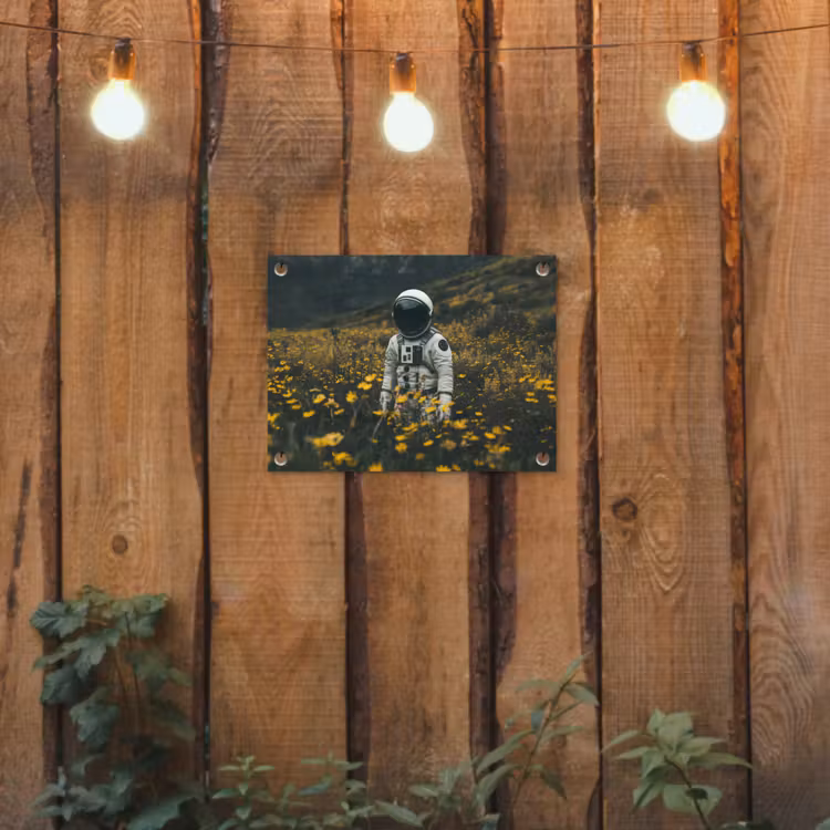 Astronaut - Bloemen - Veld - Geel tuinposter los doek klein -sfeer1