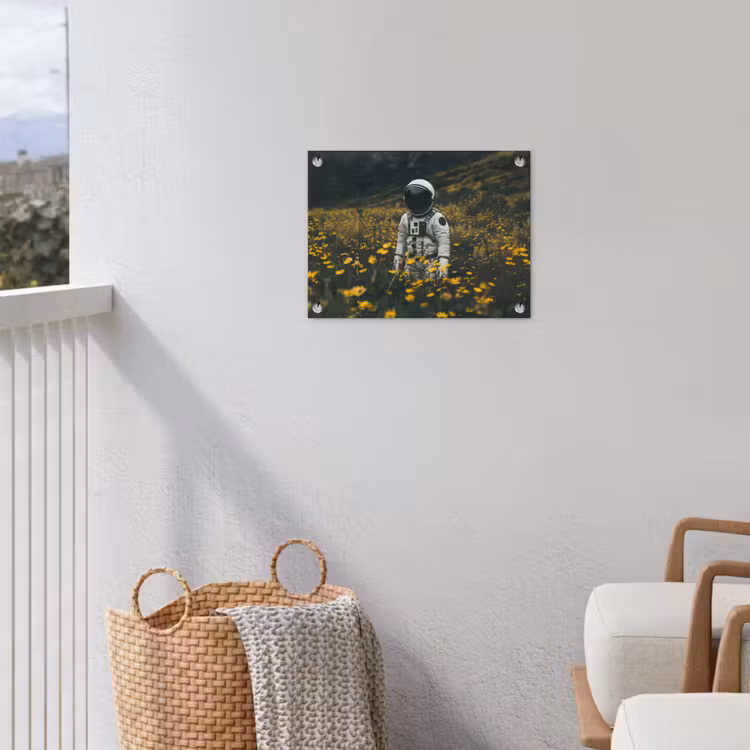Astronaut - Bloemen - Veld - Geel tuinposter los doek klein -sfeer8