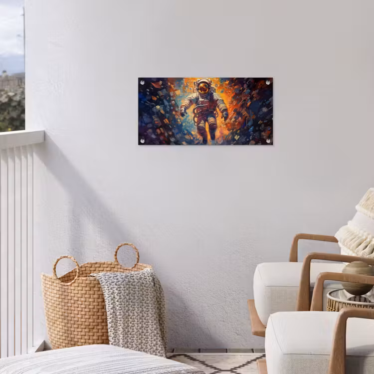 Astronaut - Neon - Oranje - Ruimte tuinposter los doek klein -sfeer8