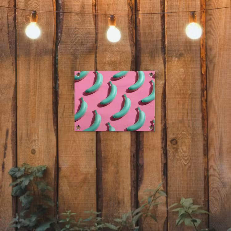Bananen - Patroon - Blauw - Roze tuinposter los doek klein -sfeer1