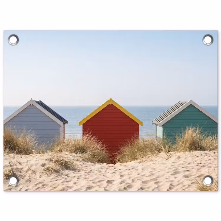 Strand - Huisjes - Kleurrijk - Duinen tuinposter los doek klein -3d