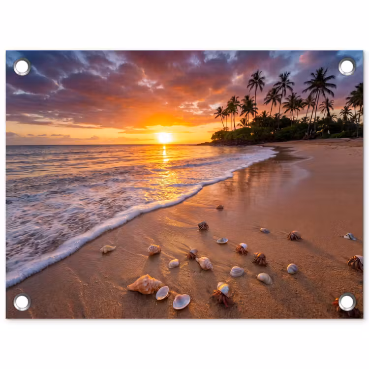 Strand - Zonsondergang - Palmbomen - Natuur - Oranje tuinposter los doek klein -3d