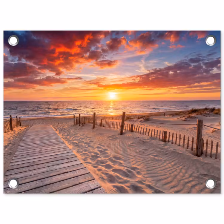 Strand - Zonsondergang - Zee - Natuur - Oranje tuinposter los doek klein -3d