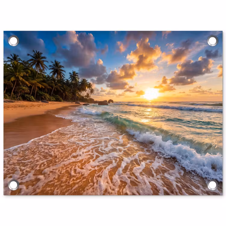 Strand - Zonsondergang - Golven - Natuur - Goud tuinposter los doek klein -3d