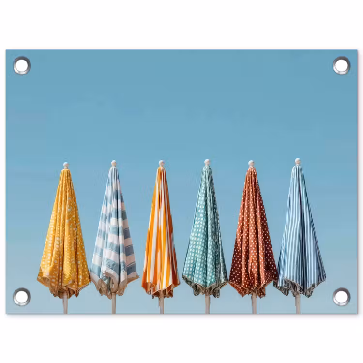 Strandparasols - Blauwe lucht - Kleurrijk tuinposter los doek klein -3d