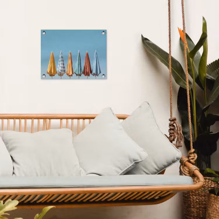 Strandparasols - Blauwe lucht - Kleurrijk tuinposter los doek klein -sfeer7