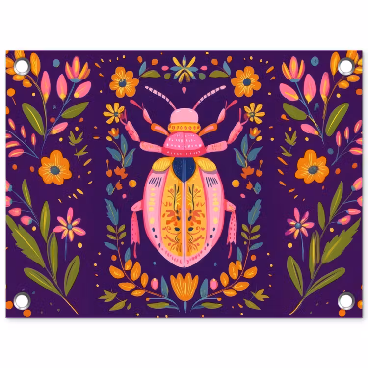 Kever - Felgekleurd - Bloemen - Bladeren tuinposter los doek klein -3d