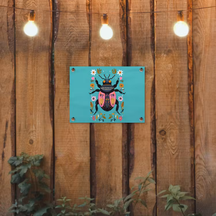 Kever - Bloemmotieven - Turquoise - Bladeren tuinposter los doek klein -sfeer1