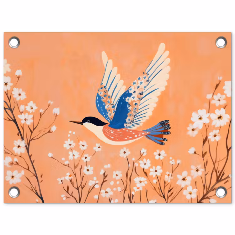 Vogel - Bloesemtakken - Warm - Kleurrijk tuinposter los doek klein -3d