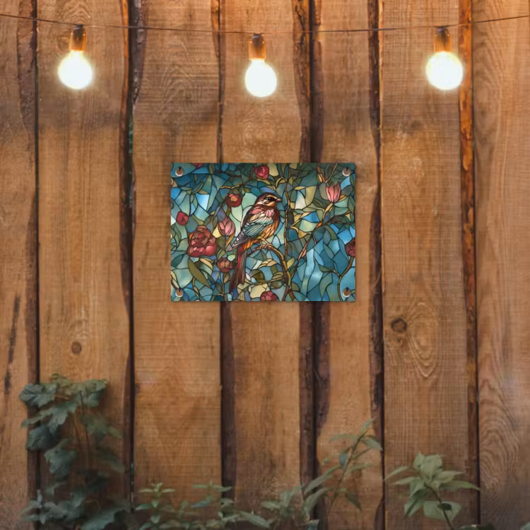 Vogel - Tak - Rozen - Mozaïek tuinposter los doek klein -sfeer1