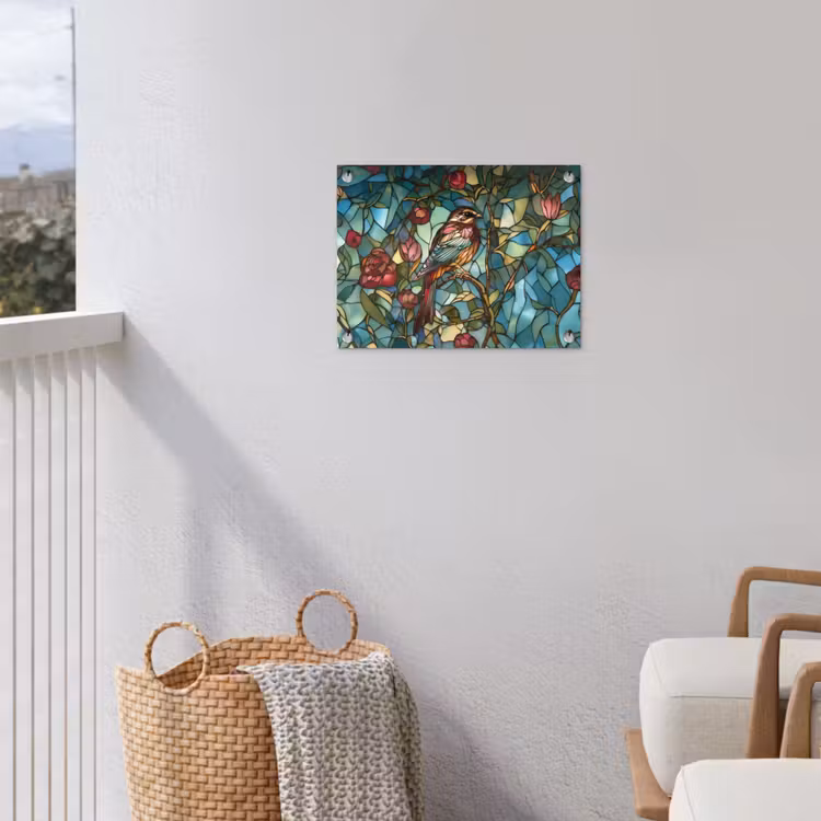 Vogel - Tak - Rozen - Mozaïek tuinposter los doek klein -sfeer8