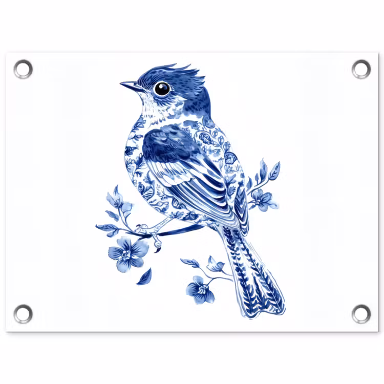 Vogel - Delfts blauw - Illustratie - Bloemen tuinposter los doek klein -3d