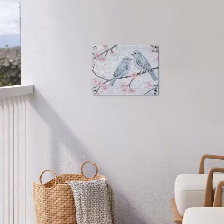 Vogel - Bloemen - Natuur - Mozaïek - Roze tuinposter los doek klein -sfeer8