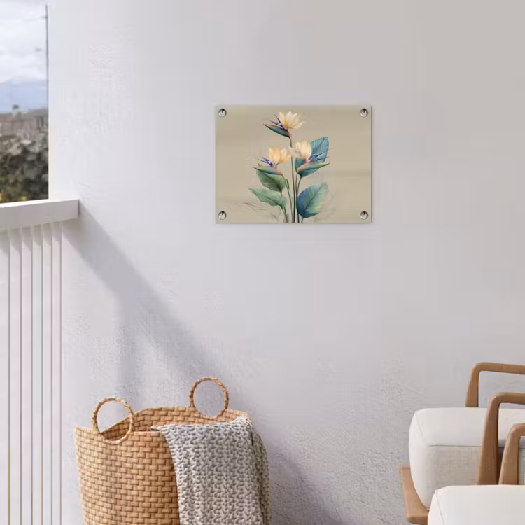 Paradijsvogelbloemen - Blauwgroene bladeren - Beige tuinposter los doek klein -sfeer8