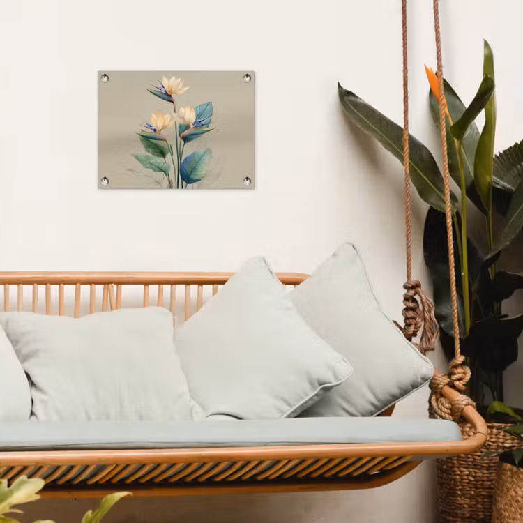 Paradijsvogelbloemen - Blauwgroene bladeren - Beige tuinposter los doek klein -sfeer7