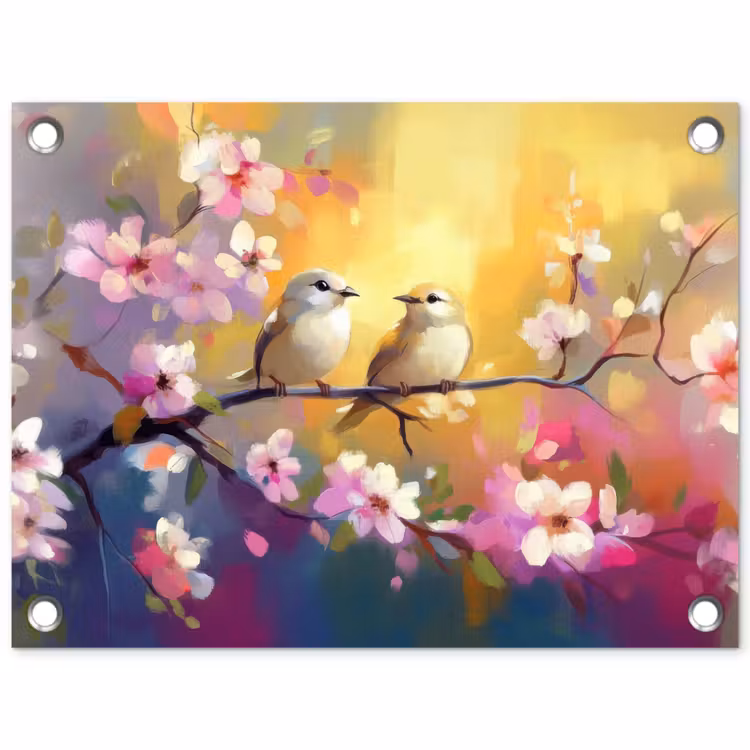 Vogels - Bloemen - Roze tuinposter los doek klein -3d