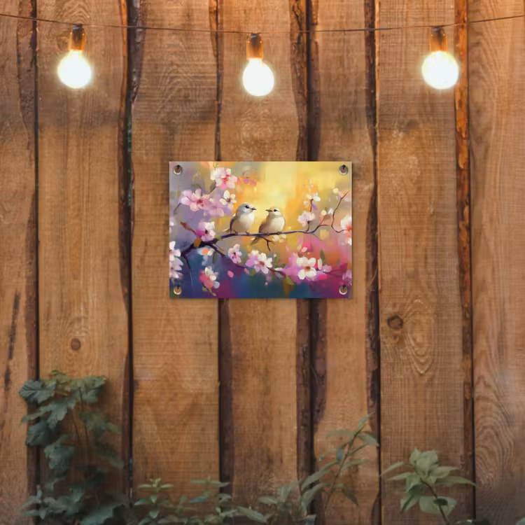 Vogels - Bloemen - Roze tuinposter los doek klein -sfeer1
