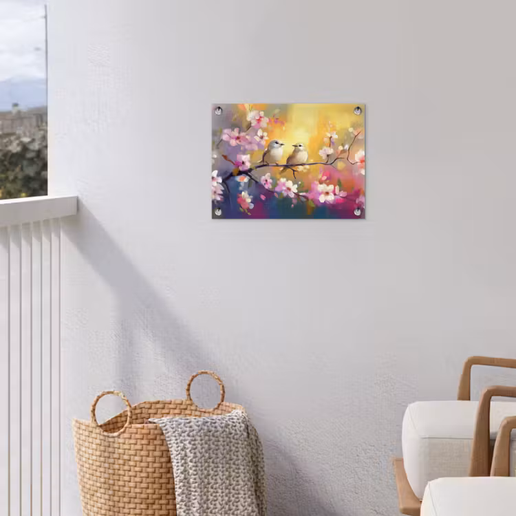 Vogels - Bloemen - Roze tuinposter los doek klein -sfeer8