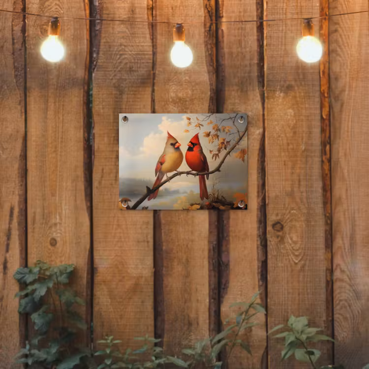 Vogels - Rood - Tak - Herfstbladeren tuinposter los doek klein -sfeer1
