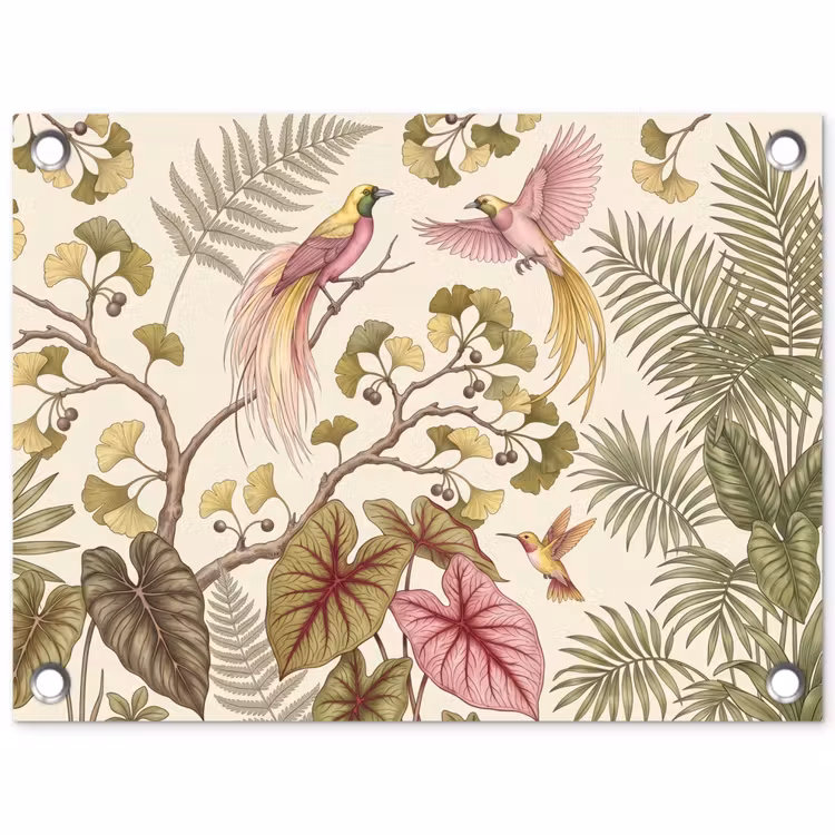 Vogels - Tropisch - Botanisch - Roze tuinposter los doek klein -3d