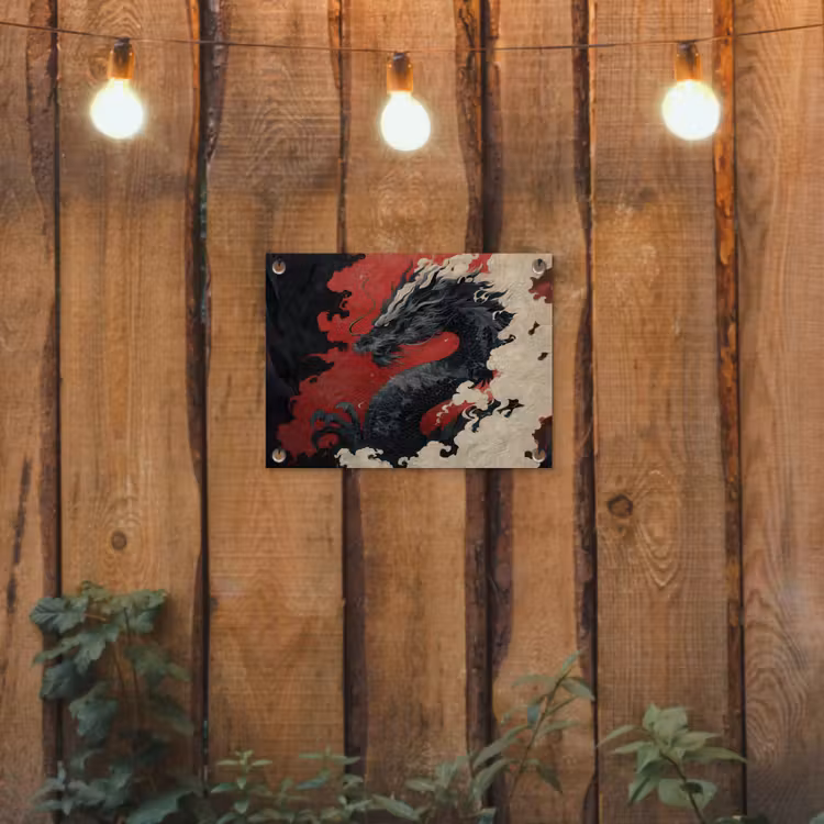 Zwarte draak - Rookwolken - Rood tuinposter los doek klein -sfeer1