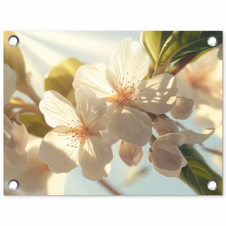 Bloesems - Wit - Zonnestralen - Bloemblaadjes tuinposter los doek klein -3d
