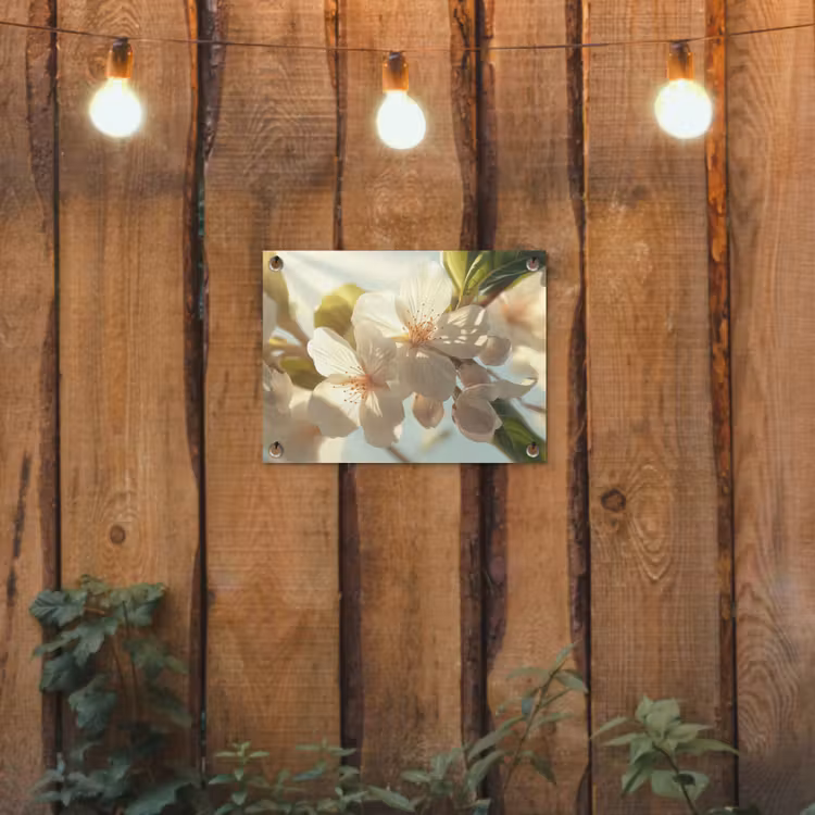 Bloesems - Wit - Zonnestralen - Bloemblaadjes tuinposter los doek klein -sfeer1